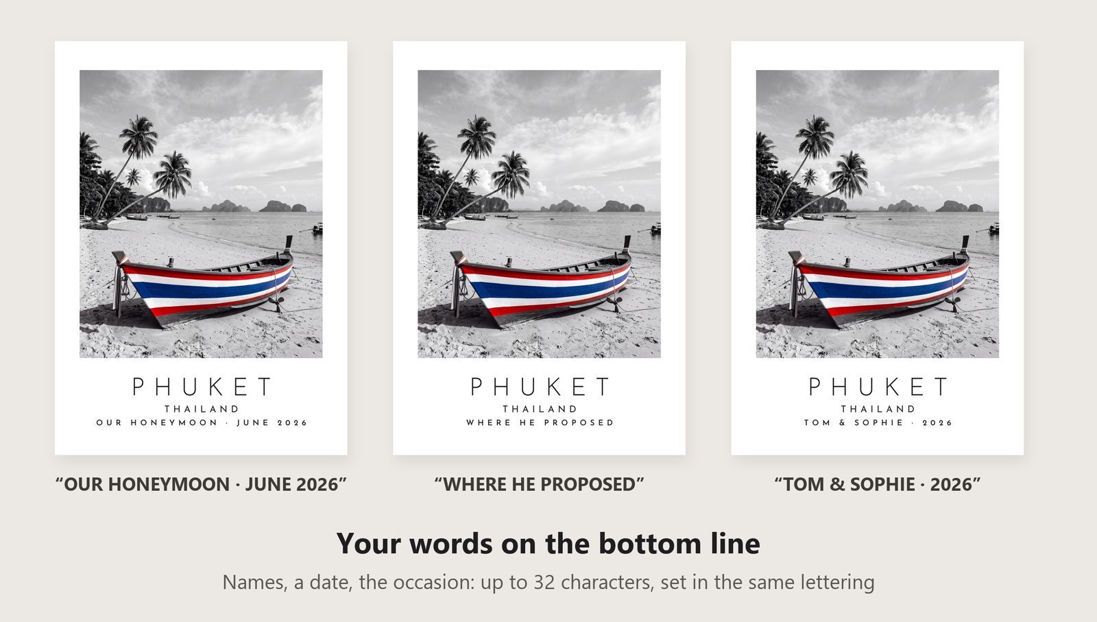 Our Trip Phuket print: three example lines to personalise it