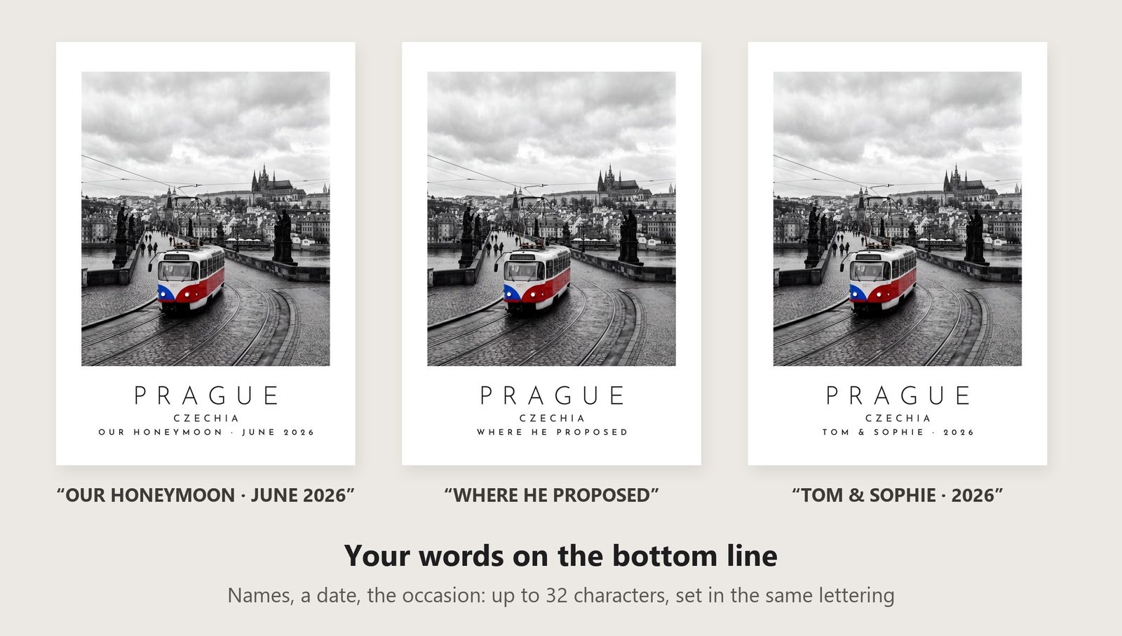 Our Trip Prague print: three example lines to personalise it