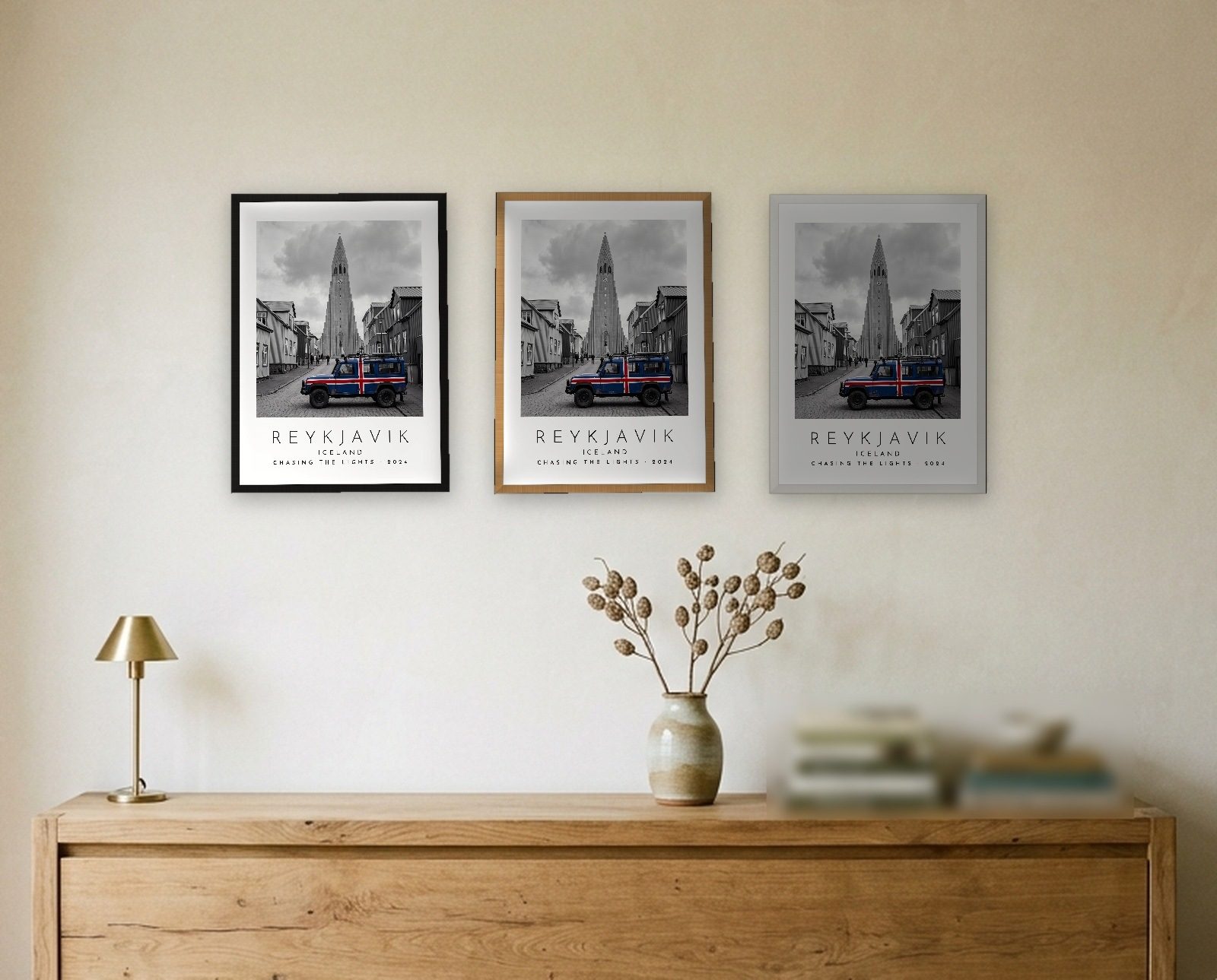 Our Trip Reykjavik print: the three frame finishes side by side black natural oak white