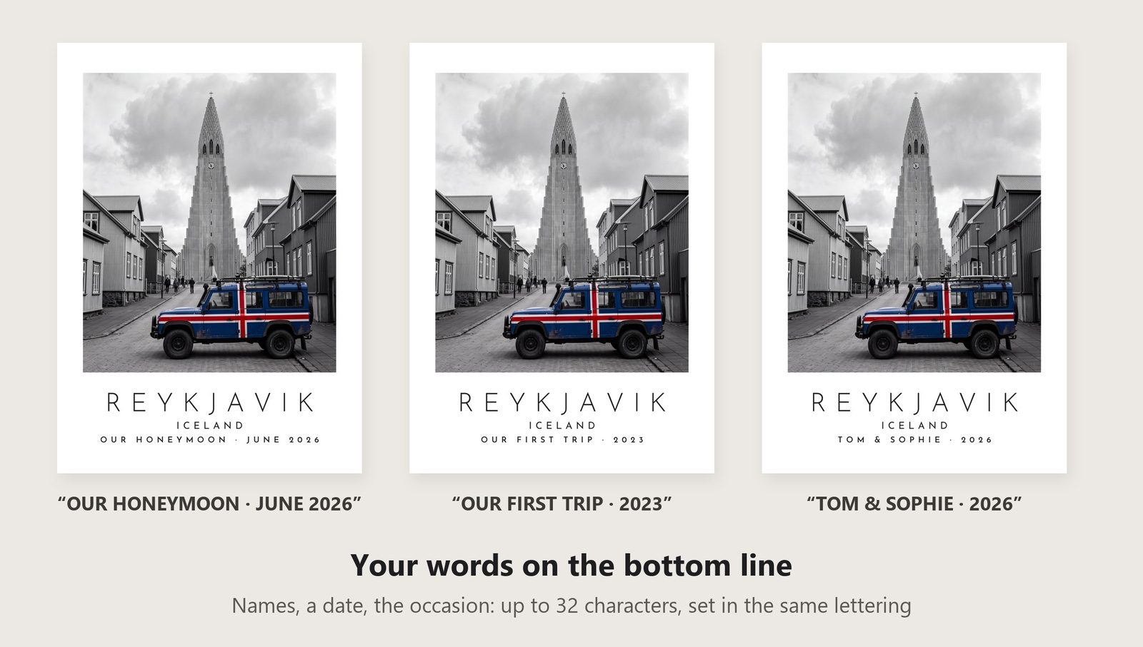 Our Trip Reykjavik print: three example lines to personalise it