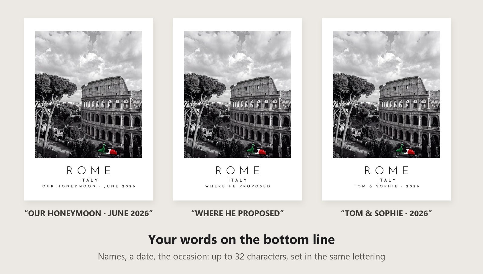 Our Trip Rome print: three example lines to personalise it