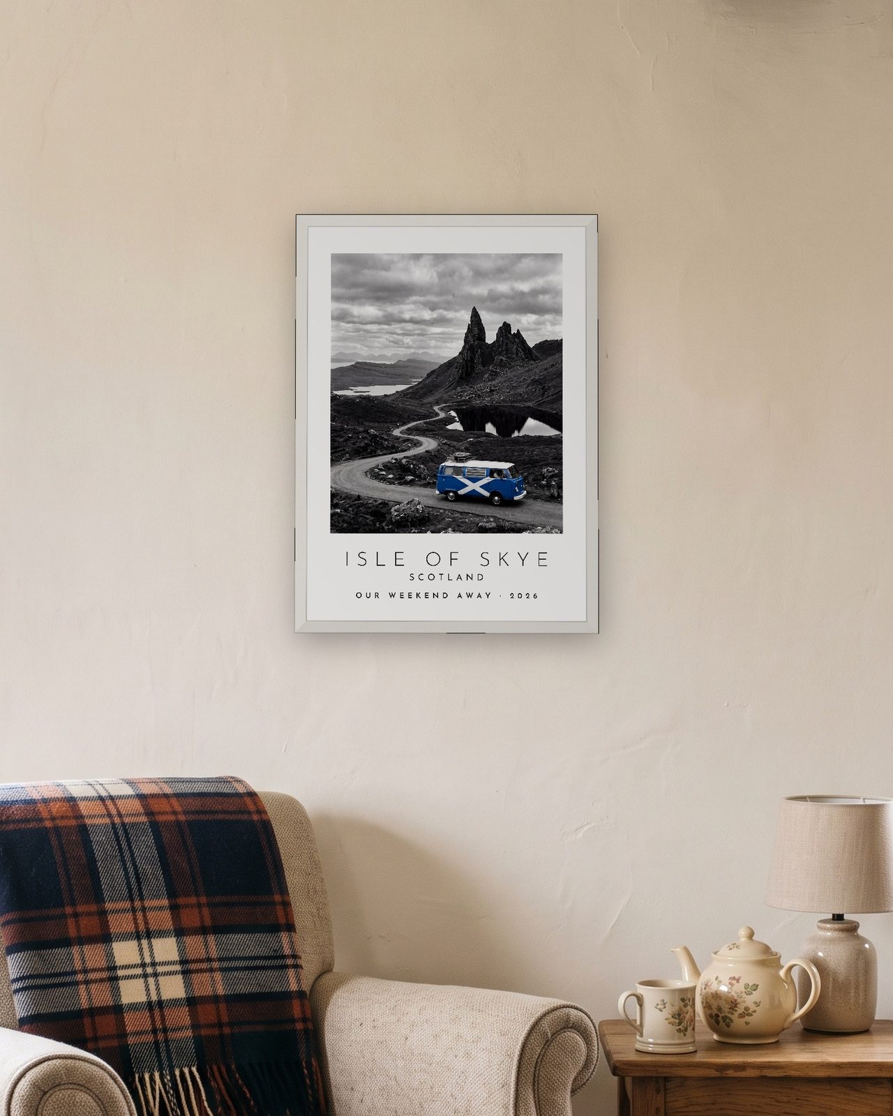 Our Trip Isle of Skye print: white frame A3 in a cottage snug, personalised OUR WEEKEND AWAY · 2026