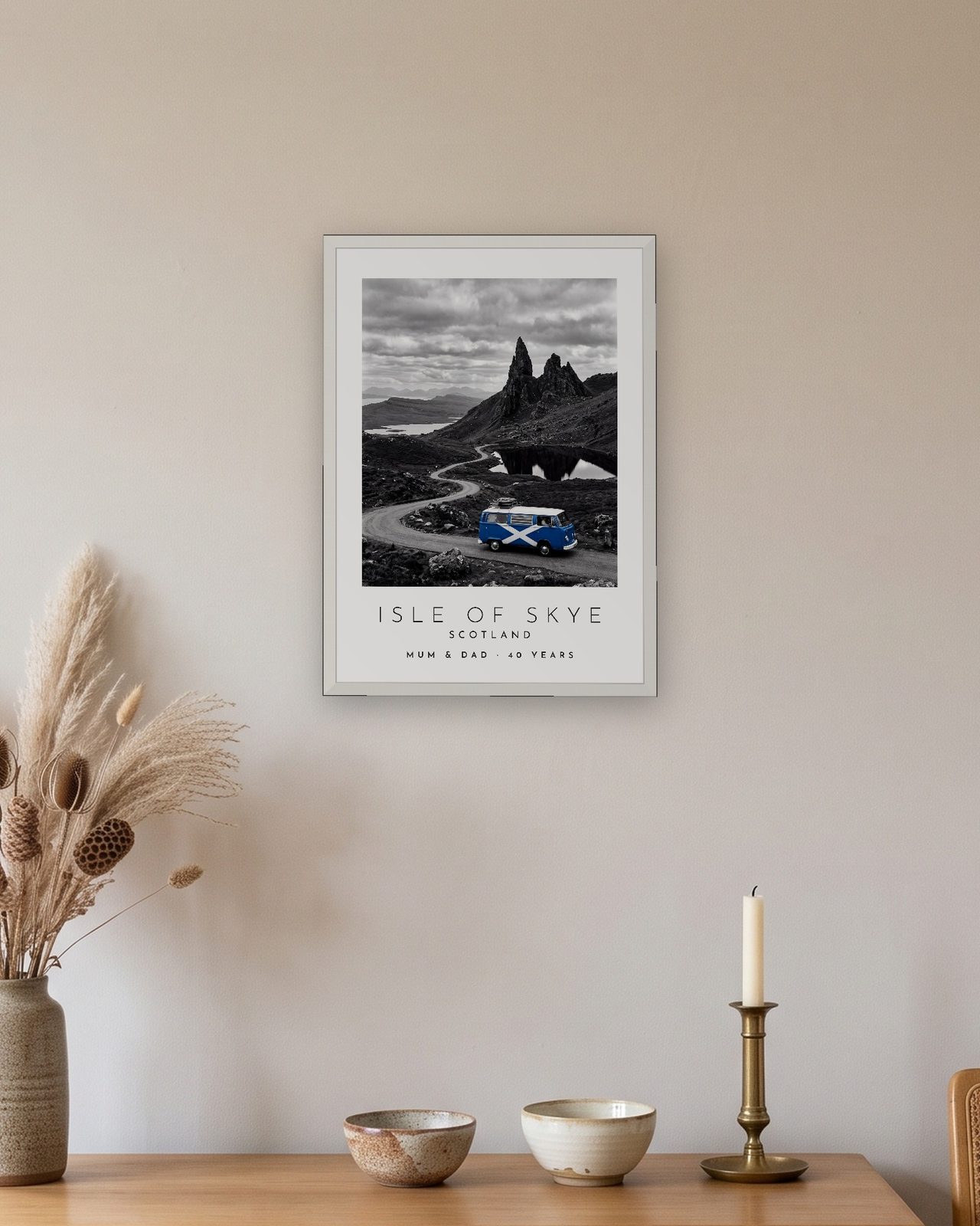 Our Trip Isle of Skye print: white frame A3 above an oak sideboard, personalised MUM & DAD · 40 YEARS