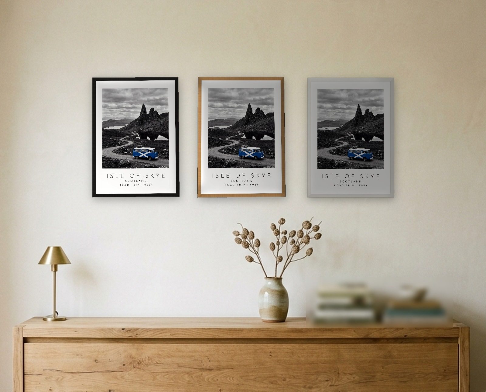 Our Trip Isle of Skye print: the three frame finishes side by side black natural oak white