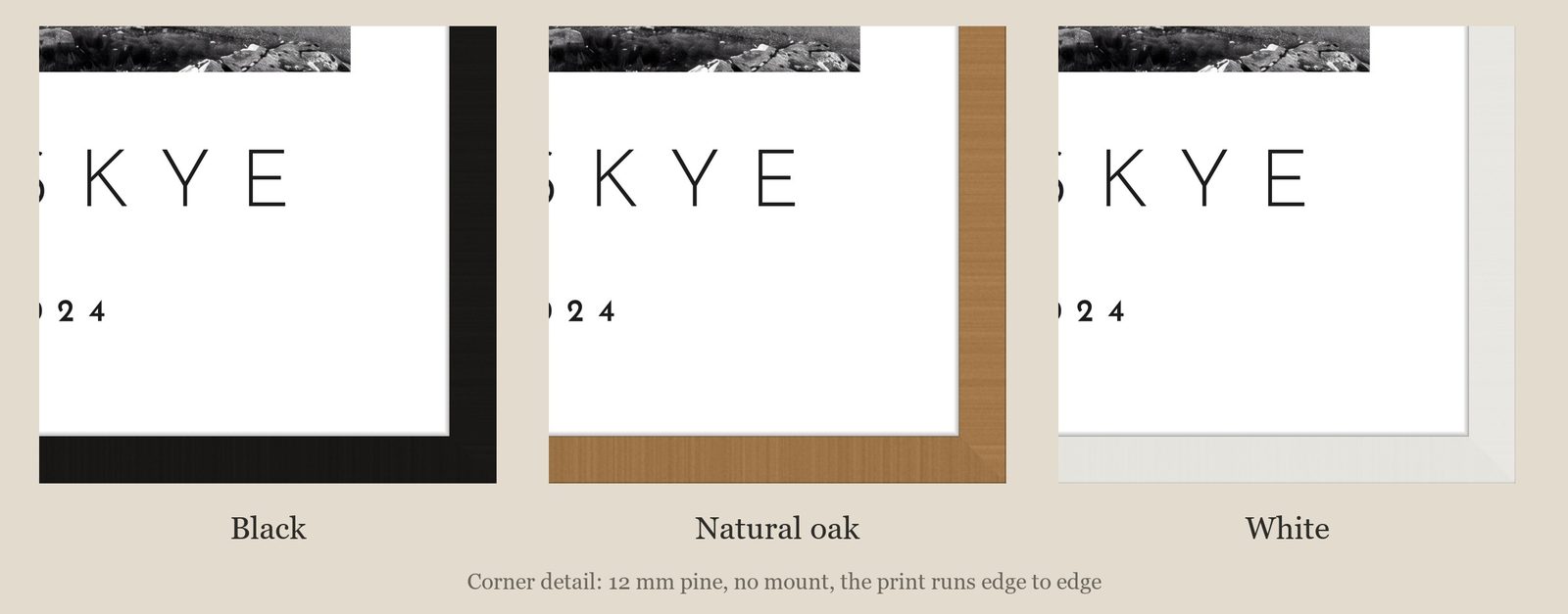 Our Trip Isle of Skye print: corner detail of each finish