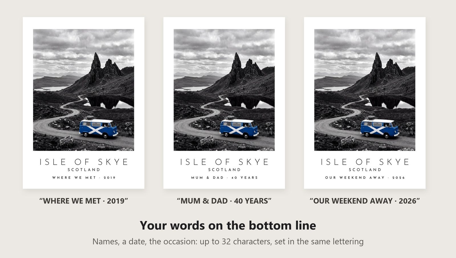 Our Trip Isle of Skye print: three example lines to personalise it