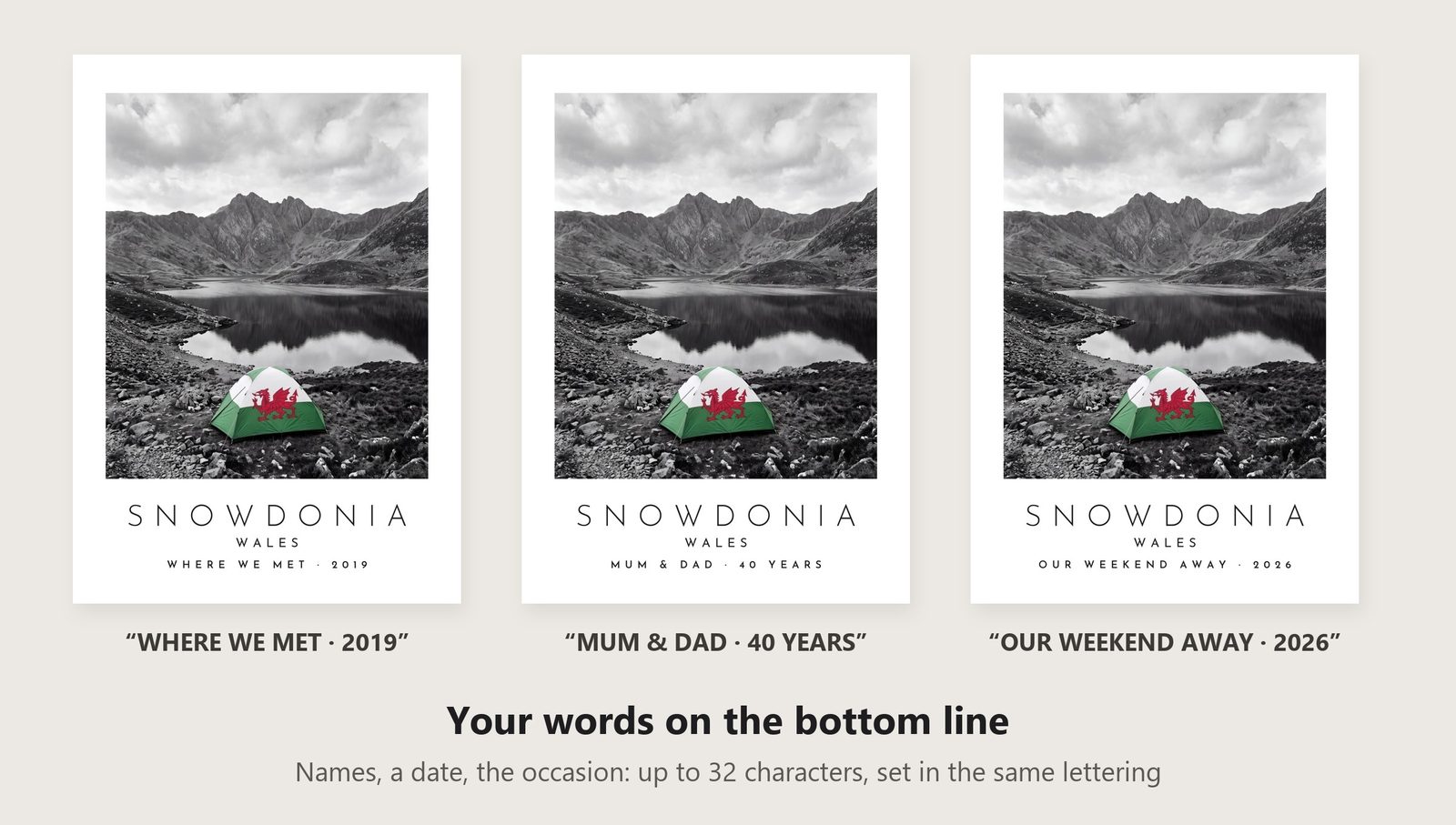 Our Trip Snowdonia print: three example lines to personalise it