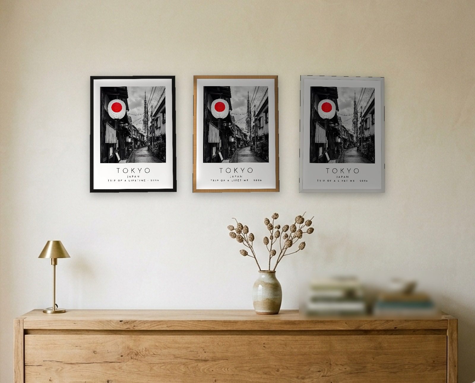 Our Trip Tokyo print: the three frame finishes side by side black natural oak white