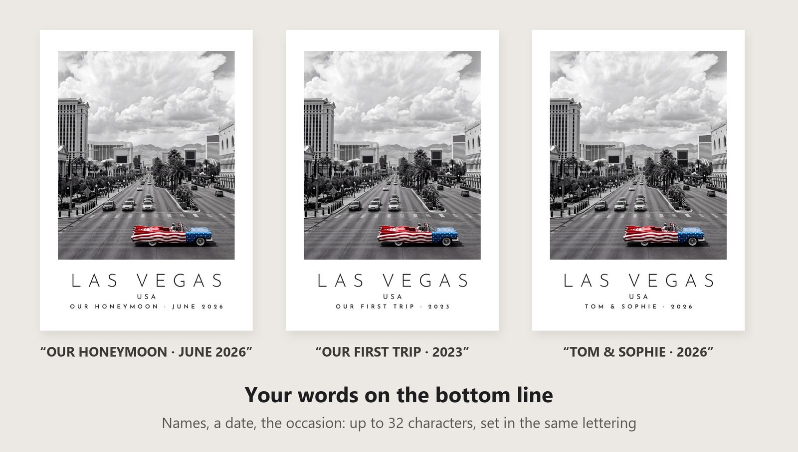Our Trip Las Vegas print: three example lines to personalise it