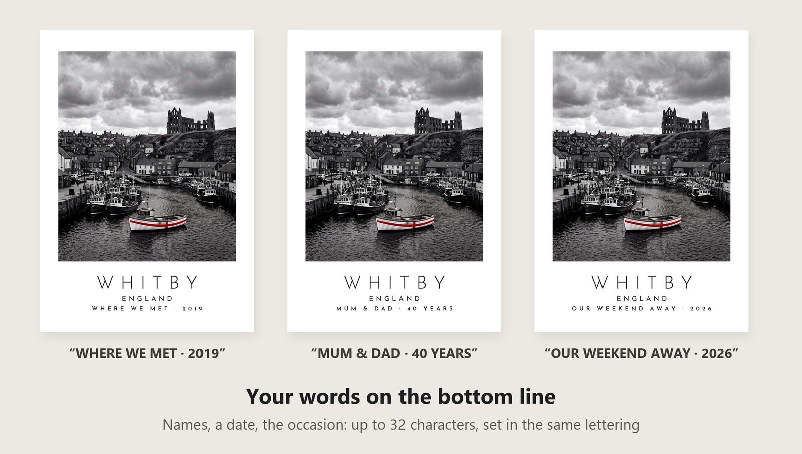 Our Trip Whitby print: three example lines to personalise it