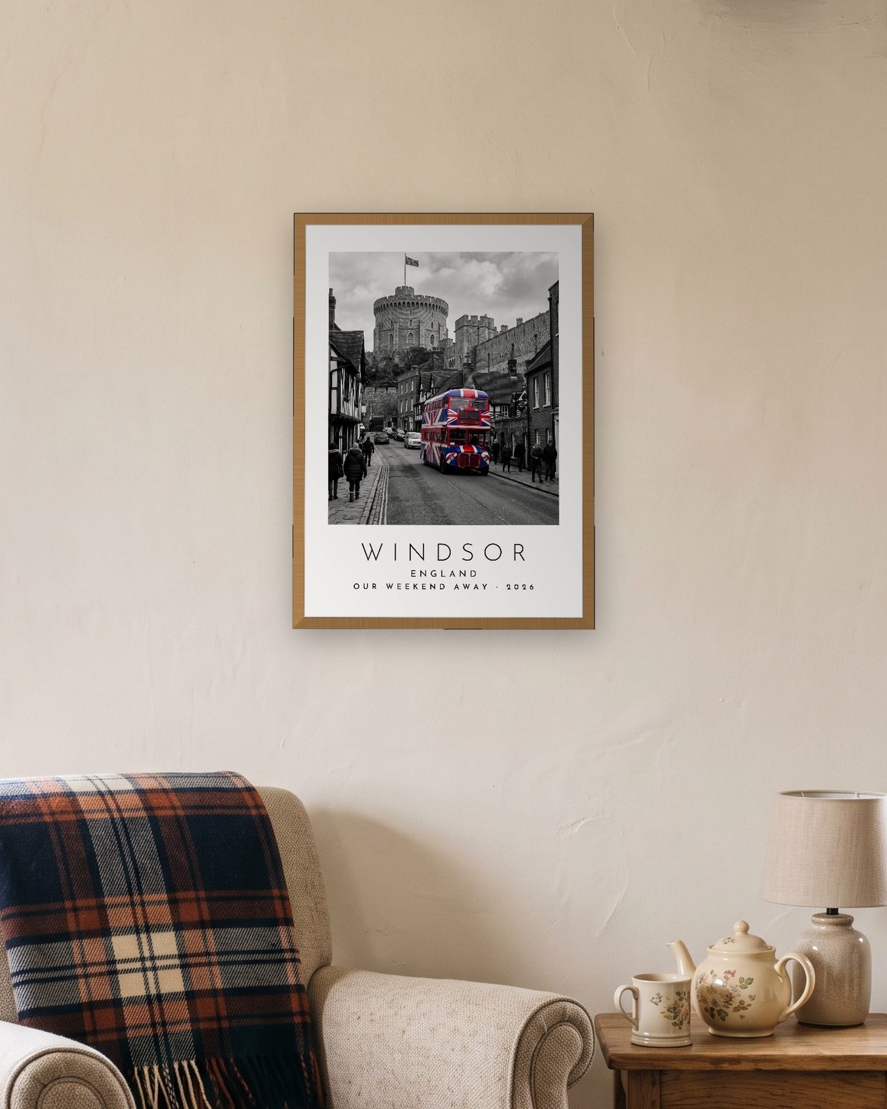 Our Trip Windsor print: natural oak frame A3 in a cottage snug, personalised OUR WEEKEND AWAY · 2026