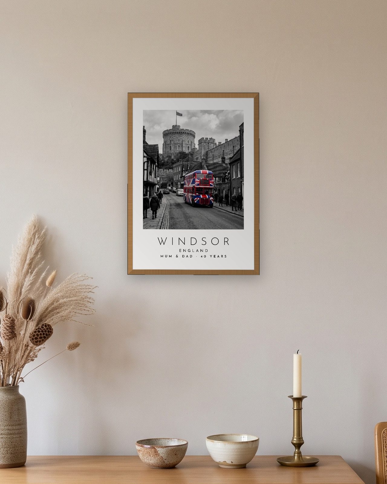 Our Trip Windsor print: natural oak frame A3 above an oak sideboard, personalised MUM & DAD · 40 YEARS