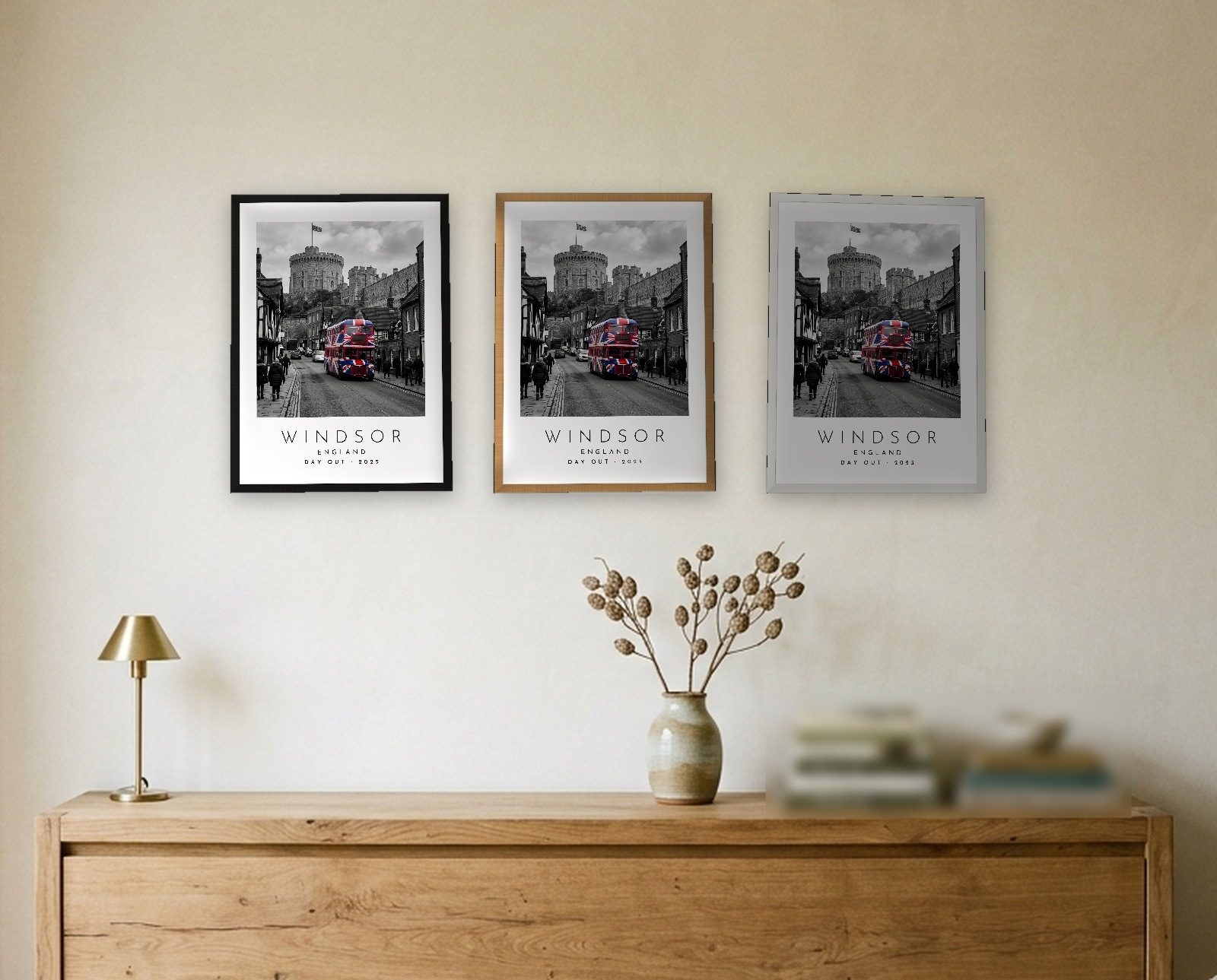 Our Trip Windsor print: the three frame finishes side by side black natural oak white