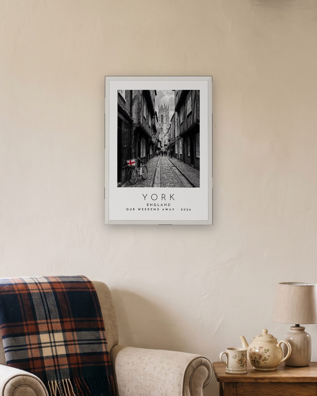Our Trip York print: white frame A3 in a cottage snug, personalised OUR WEEKEND AWAY · 2026
