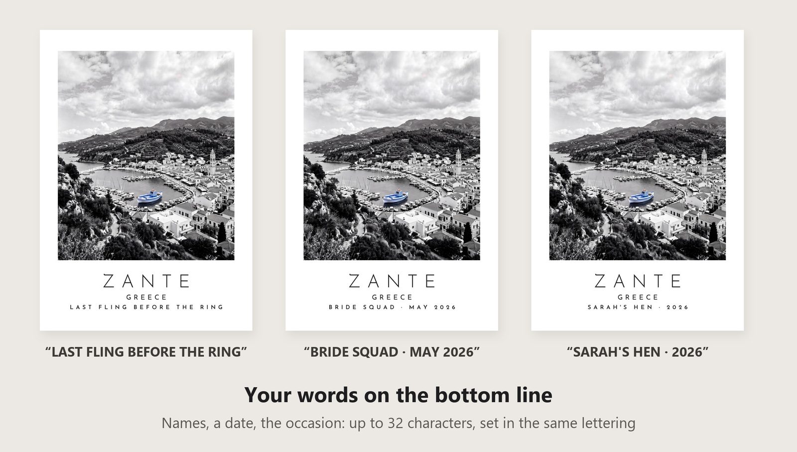 Our Trip Zante print: three example lines to personalise it