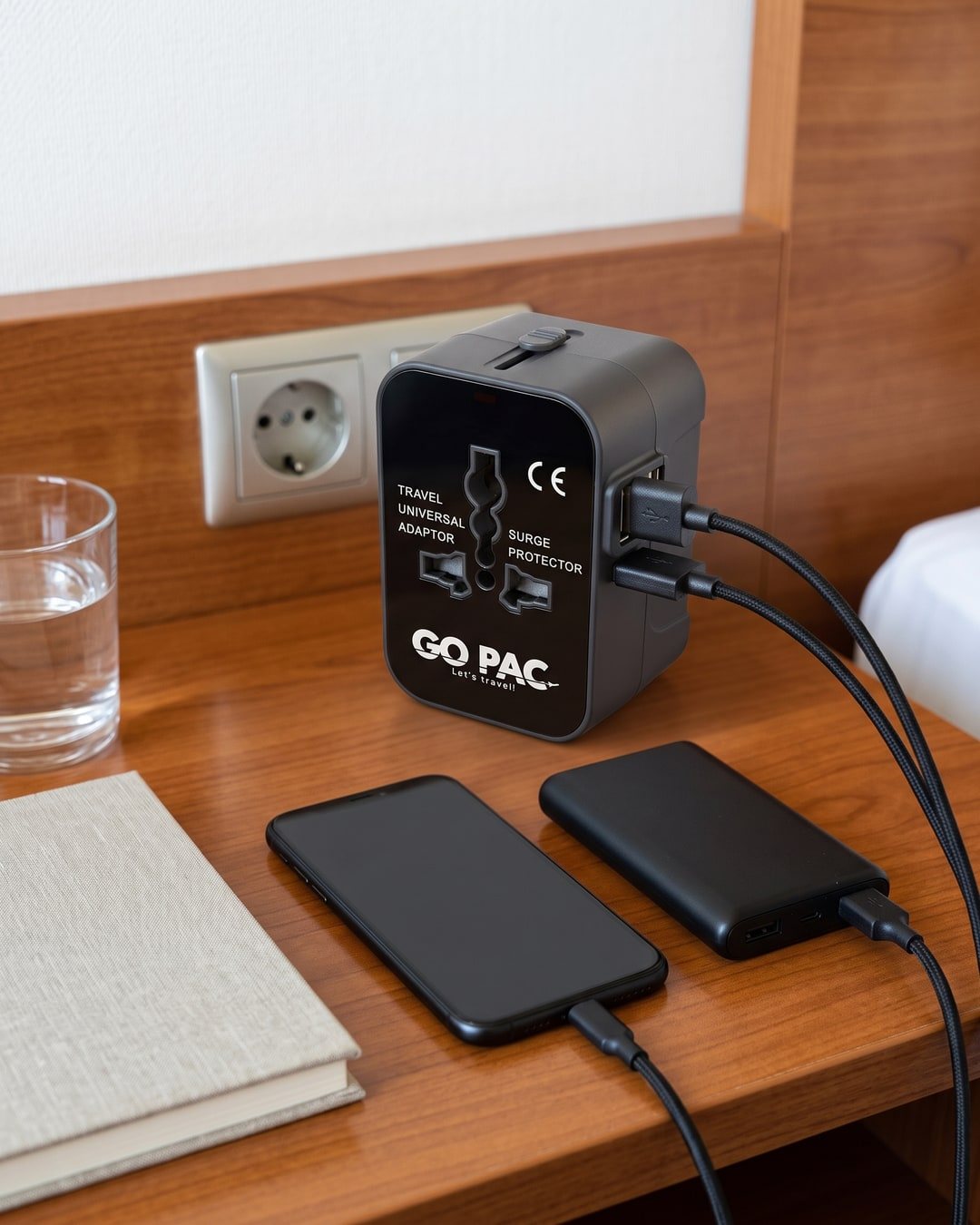 Black GO PAC travel plug adapter by a European wall socket, charging a phone and a power bank through its two USB ports